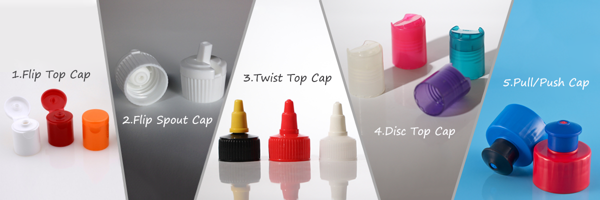 Various types of plastic bottle caps and closures