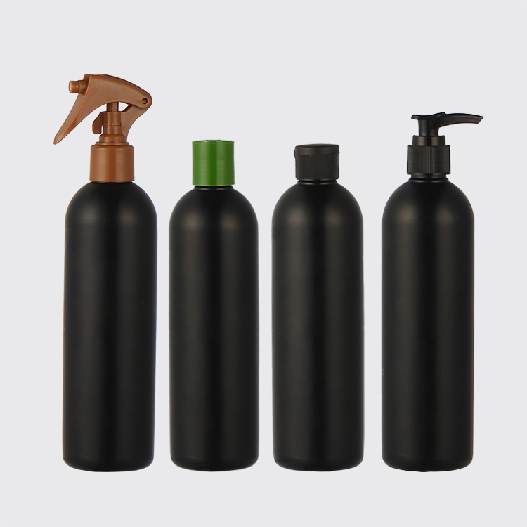 12oz black hdpe boston round bottle with trigger pump spray cap