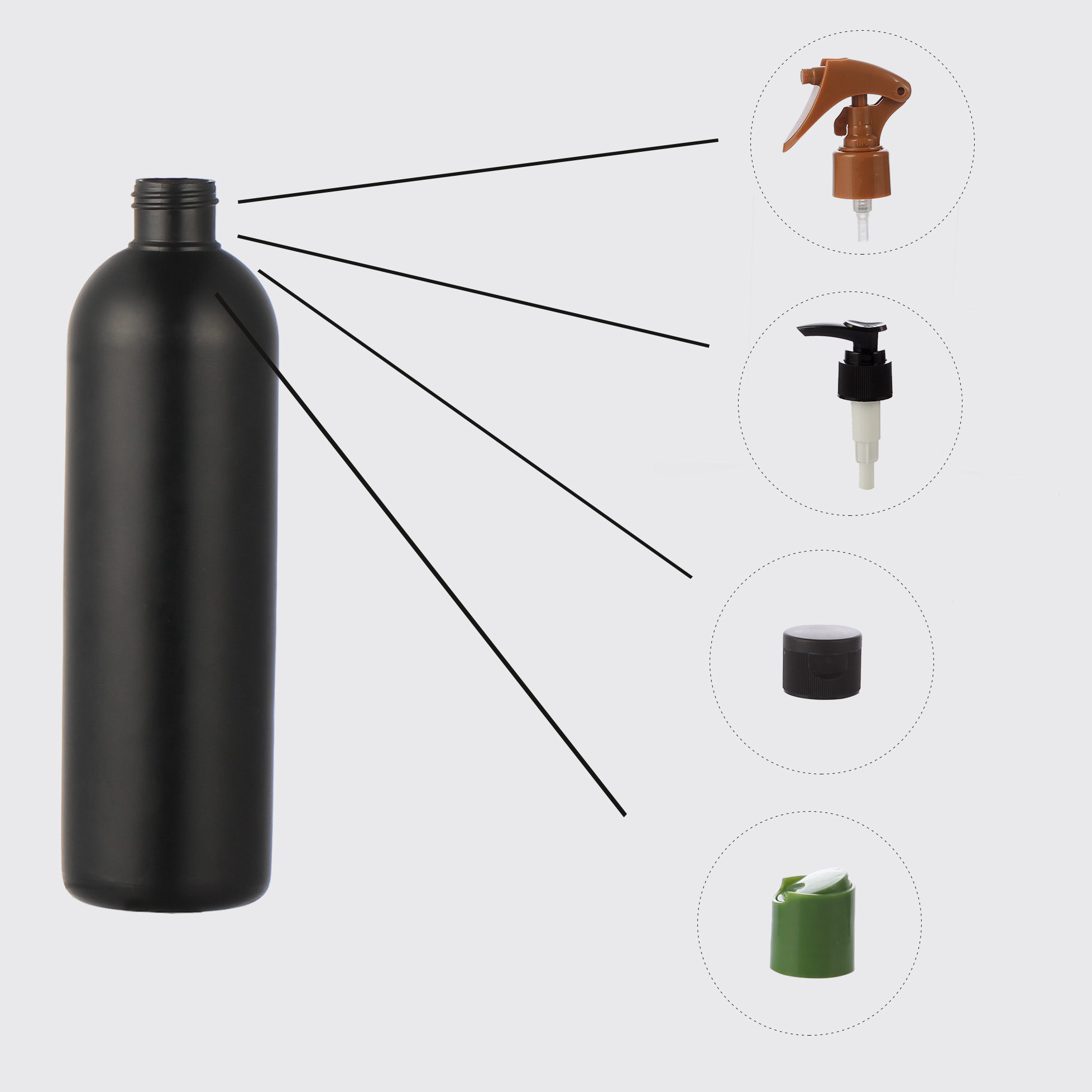 12oz black hdpe boston round bottle with trigger pump spray cap