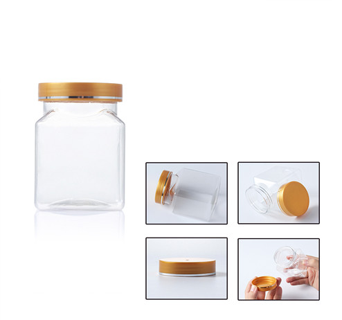 square 250ml clear storage plastic jar with yellow cap